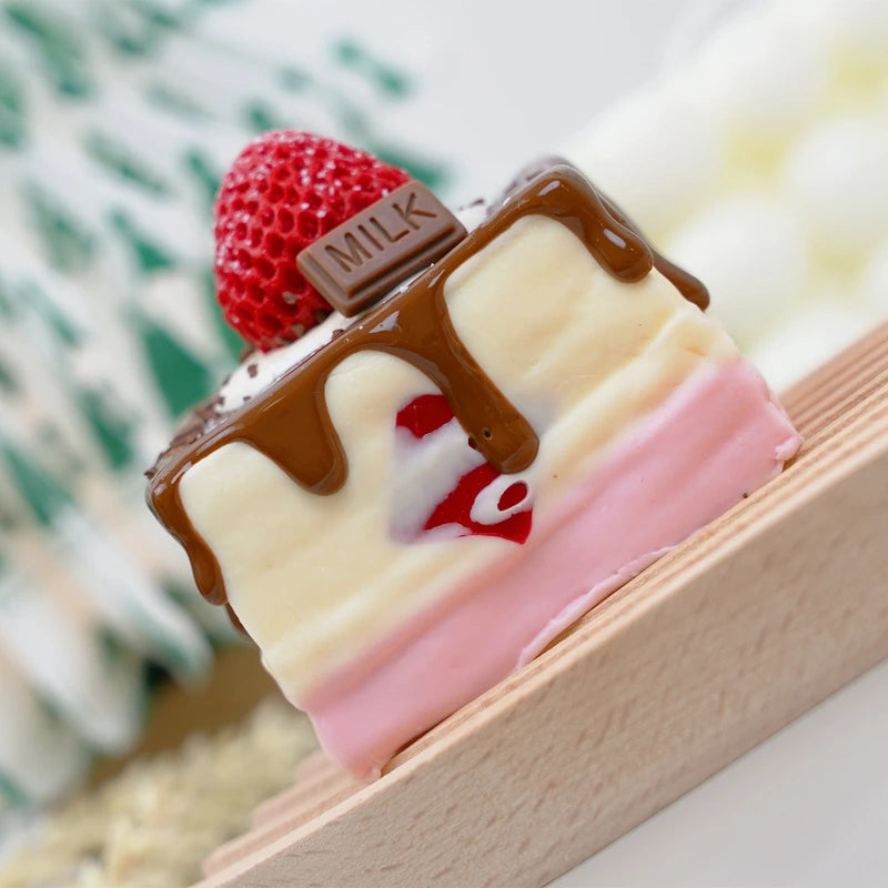 Pawtoto Realistic Strawberry Cube Cake Brown Squishy Toy Handmade Food Grade Silicon Creamy Clay Feel Soft Quick Rebound