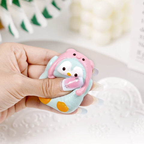 Pawtoto Penguin with Hat Pink Squishy Toy Handmade Food Grade Silicon Creamy Clay Feel Soft Quick Rebound