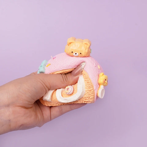 Pawtoto Pink Bear Swiss Roll Squishy Toy Handmade Food Grade Silicon Creamy Clay Feel Soft Quick Rebound