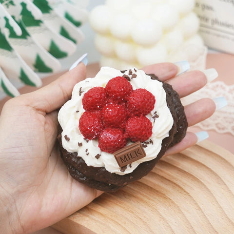 Pawtoto Realistic Chocolate Raspberry Cake Red Squishy Toy Handmade Food Grade Silicon Creamy Clay Feel Soft Quick Rebound